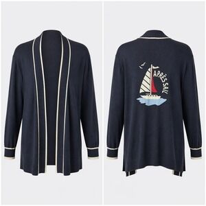 Talbots Plus Navy Blue Nautical Sailboat Graphic Cardigan Sweater 2X Open Front